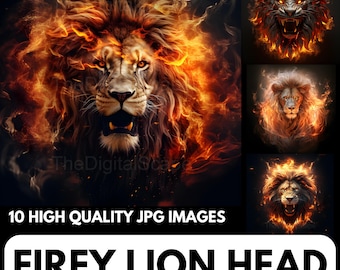 Fire Lion Head Clipart - 10 JPG de alta calidad, álbumes de recortes, artesanía digital, planificadores digitales, diario basura, uso comercial, descarga instantánea