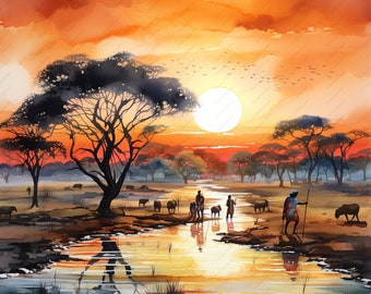10 African Savanna Sunset Clipart – Watercolour Landscape (Digital Download)