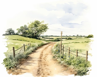 Country Lane Clipart: Watercolor Landscape JPGs (Commercial Use)