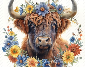 May include: Watercolor illustration of a Highland cow with long horns, adorned with a floral crown and a wreath of blue, yellow, and orange flowers. The cow has brown fur and is centered in the image.