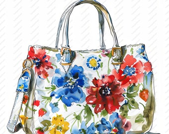 Floral Handbag Watercolor Clipart – Commercial Use JPGs (Instant Download)