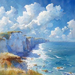 May include: A watercolour painting of a white cliff face along a blue ocean. The sky is a bright blue with fluffy white clouds.