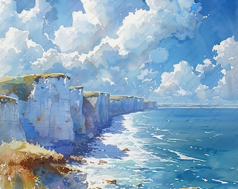 May include: A watercolor painting of a white cliff face along a blue ocean. The sky is a bright blue with fluffy white clouds.