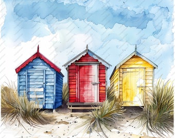 May include: Three beach houses painted in blue, red, and yellow, with a watercolor style. The houses are on a sandy beach with green grass in front of them.