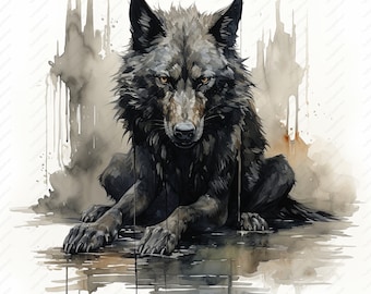 Clipart de acuarela de lobo negro: JPG para uso comercial (descarga digital)