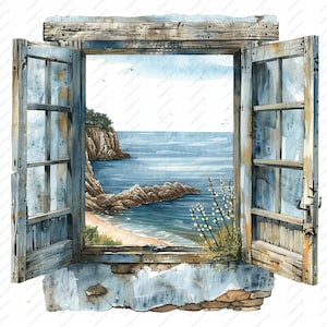 Ocean View Window Clipart: Watercolor Sea Scene (Digital Download)