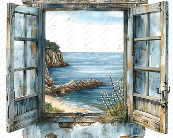 10 Window Ocean View Clipart, Window to sea Clipart, Printable Watercolour clipart, High Quality JPGs, Digital download, Paper craft