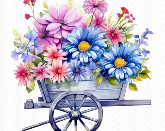 Aquarell Blumen Schubkarre Clipart - hochwertige JPGs (Digitaler Download)