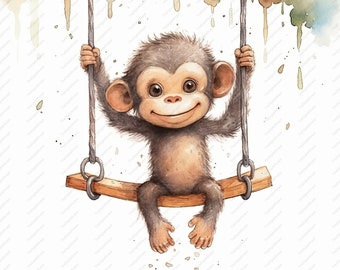 Monkey Swinging Clipart – Commercial Use JPGs (Instant Download)