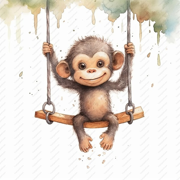 Monkey Swinging Clipart - 10 High Quality JPGs, Scrapbooks, Digital Craft, Digital Planners, Junk Journal, Commercial Use, Instant Download