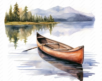 Canoe on Lake Clipart – Scenic Landscape JPGs (Commercial Use)