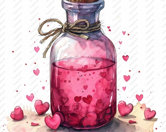 May include: A glass bottle with a cork stopper filled with a pink liquid and pink hearts. The bottle is tied with a brown twine bow.