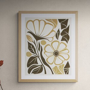 Abstract Floral Art, Mid Century, Organic, Mustard Yellow, Beige, Brown, Neutral Colors, Boho, Botanical Art, Home Decor, 5/8, Digital Print