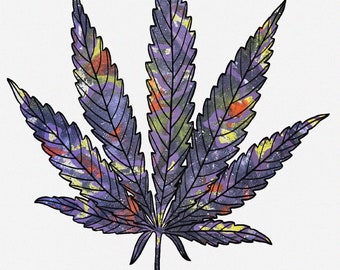 Op de afbeelding: Een gestileerde illustratie van een cannabisblad met een abstract patroon in paars, geel en oranje.