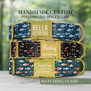 May include: Custom personalized dog collars with gold-colored buckles. The collars feature unique patterns, including fish and feather designs. Each collar displays a dog's name, phone number, and address. The text "HANDMADE CUSTOM PERSONALIZED DOG COLLARS" is at the top, and "MATCHING LEASH" is at the bottom.