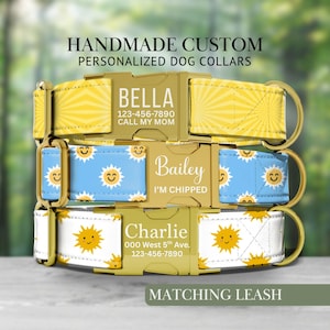 May include: Three personalized dog collars with gold-colored buckles. The top collar is yellow with a sunburst pattern and the name "Bella". The middle collar is blue with smiling suns and the name "Bailey". The bottom collar is white with suns and the name "Charlie". Text reads "HANDMADE CUSTOM PERSONALIZED DOG COLLARS".