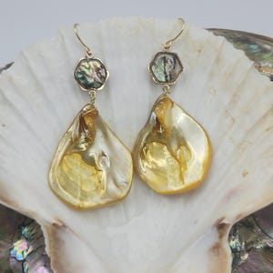 Golden Sunset Earrings | Honey Gold Iridescent Shell Earrings | Abalone Hexagon Earrings | Coastal Statement Earrings | Beach Jewelry