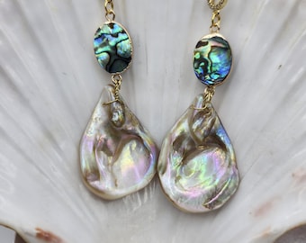 Abalone and iridescent kelp-like bead earrings