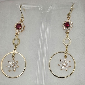 18K Gold Plated Dangle Earrings – Red Cubic Zirconia & Micro Pavé Circle Drop – Elegant Chrysanthemum Statement Earrings