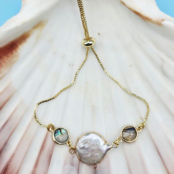 Abalone & Freshwater Pearl Bracelet, Gold Coastal Jewelry, Mermaid Bracelet, Beach Wedding Jewelry, Bridesmaid Gift, Resort Vacation Jewelry