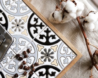 Decorative tray, Ceramic tiles in wooden frame, dinner coaster, authentic decorative ceramics