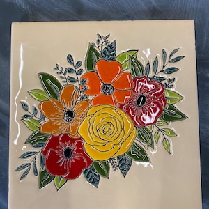 Ceramic Tile Flower Motive Decoration, Handmade Mural Tile, Kitchen Backsplash