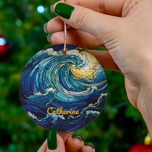 Custom Ocean Waves and Sun Stained Glass Look Ornament in Ink on Ceramic, Big Wave Ocean Ornament, Surfer Gift Wrap Bauble, Coastal Deco