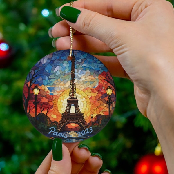 Custom Eiffel Tower Stained Glass Look with Ink on Ceramic Ornament, Year Round Tree Eiffel Tower Ornament, Eiffel Tower Commemoration Gift