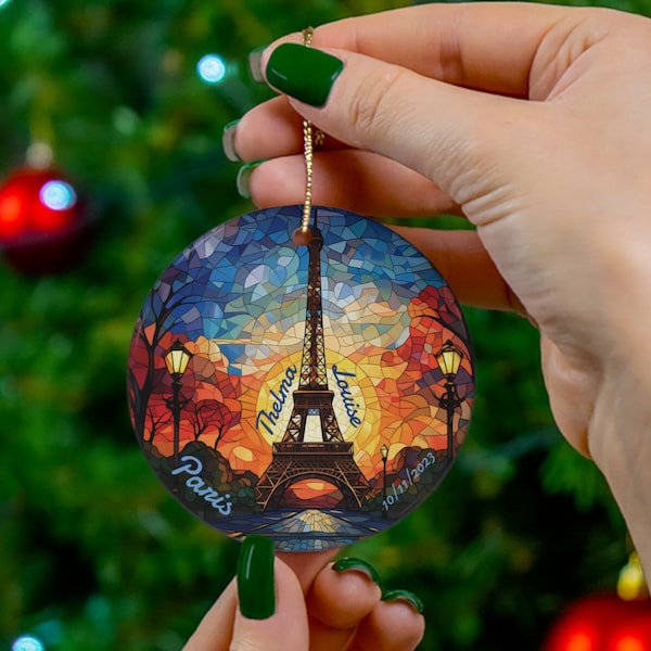 Custom Eiffel Tower Stained Glass Look with Ink on Ceramic Ornament, Year Round Tree Eiffel Tower Ornament, Eiffel Tower Collector Gift