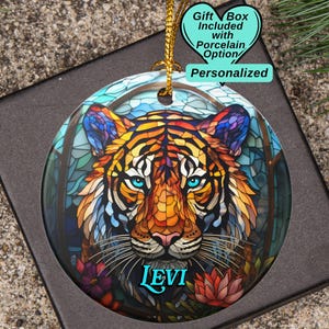 Beautiful Tiger Stained Glass Look with Ink on Ceramic Ornament, Year Round Tree Tiger Bauble, Tiger Collector Gift or Commemoration