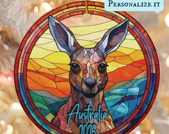 Aangepaste kangoeroe gebrandschilderd glas look keramisch ornament, kangoeroe decoratie, kangoeroe het hele jaar door boomornament, kangoeroe verzamelaarscadeau
