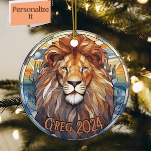 Custom Lion Stained Glass Look of Ink on Ceramic Ornament, Year Round Tree Lion Bauble, Lion Collector Gift, African Animal Ornament