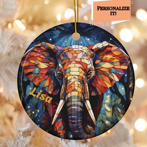 Custom Elephant Stained Glass Look with Ink on Ceramic Ornament, Year Round Tree Elephant Bauble, Elephant Collector Gift, Elephant Fan Gift