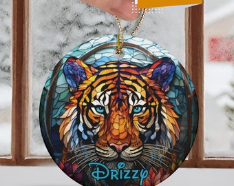 Beautiful Tiger Stained Glass Look with Ink on Ceramic Ornament, Year Round Tree Tiger Bauble, Tiger Collector Gift or Commemoration
