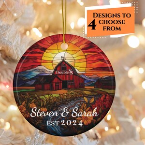 Red Barn Personalized Family Name Ornaments in Faux Stained Glass is a Great New Farm or Ranch Momento Gift or Souvenir for Family Vacation