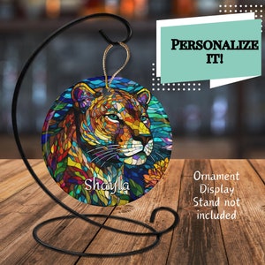 Lioness Stained Glass Look with Ink on Ceramic Ornament, Year Round Tree Lion Bauble, Lion Collector Gift, Lioness Collector Gift, Lion Tag