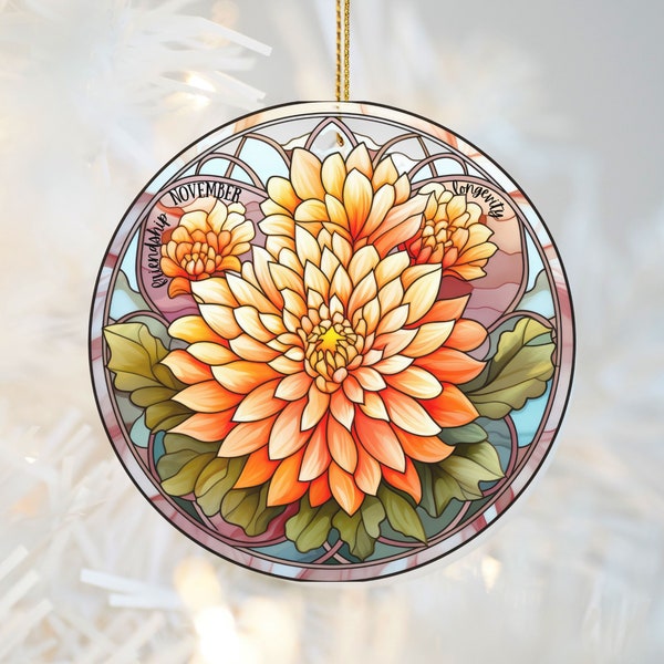 November Chrysanthemum Birth Flower - Stained Glass Look with Ink on Ceramic Ornament, Gift for Gardeners and Flower Lovers