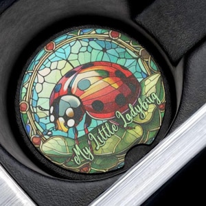 Ladybug Personalized Soapstone Car Coaster, Faux Stained Glass Design Lady Bug Ladybug Absorbent Cup Holder Coaster - Personalized Coasters