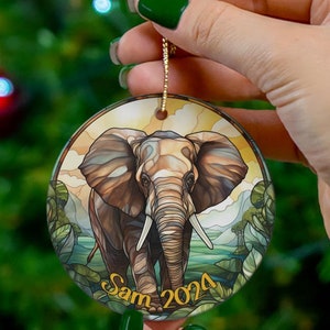 Elephant Personalized Faux Stained Glass Ornament Safari Animals Vacation or Zoo Visit Souvenir Ornament, Safari Aesthetic Decor Gift