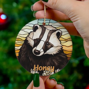 Badger Personalized Stained Glass Look Ornament, Badger Zoo Visit Souvenir Ornament, Woodsy Cottagecore and Farmhouse Aesthetic Decor Bauble