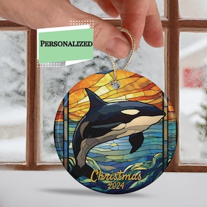 Orca Stained Glass Look with Ink on Ceramic Ornament, Year Round Tree Orca Ornament, Orca Collector Gift