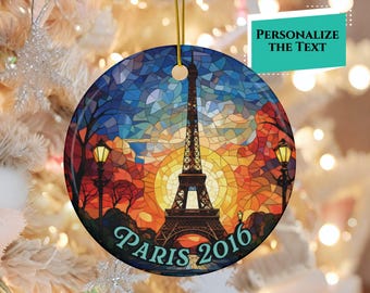 Custom Eiffel Tower Stained Glass Look with Ink on Ceramic Ornament, Year Round Tree Eiffel Tower Ornament, Eiffel Tower Collector Gift