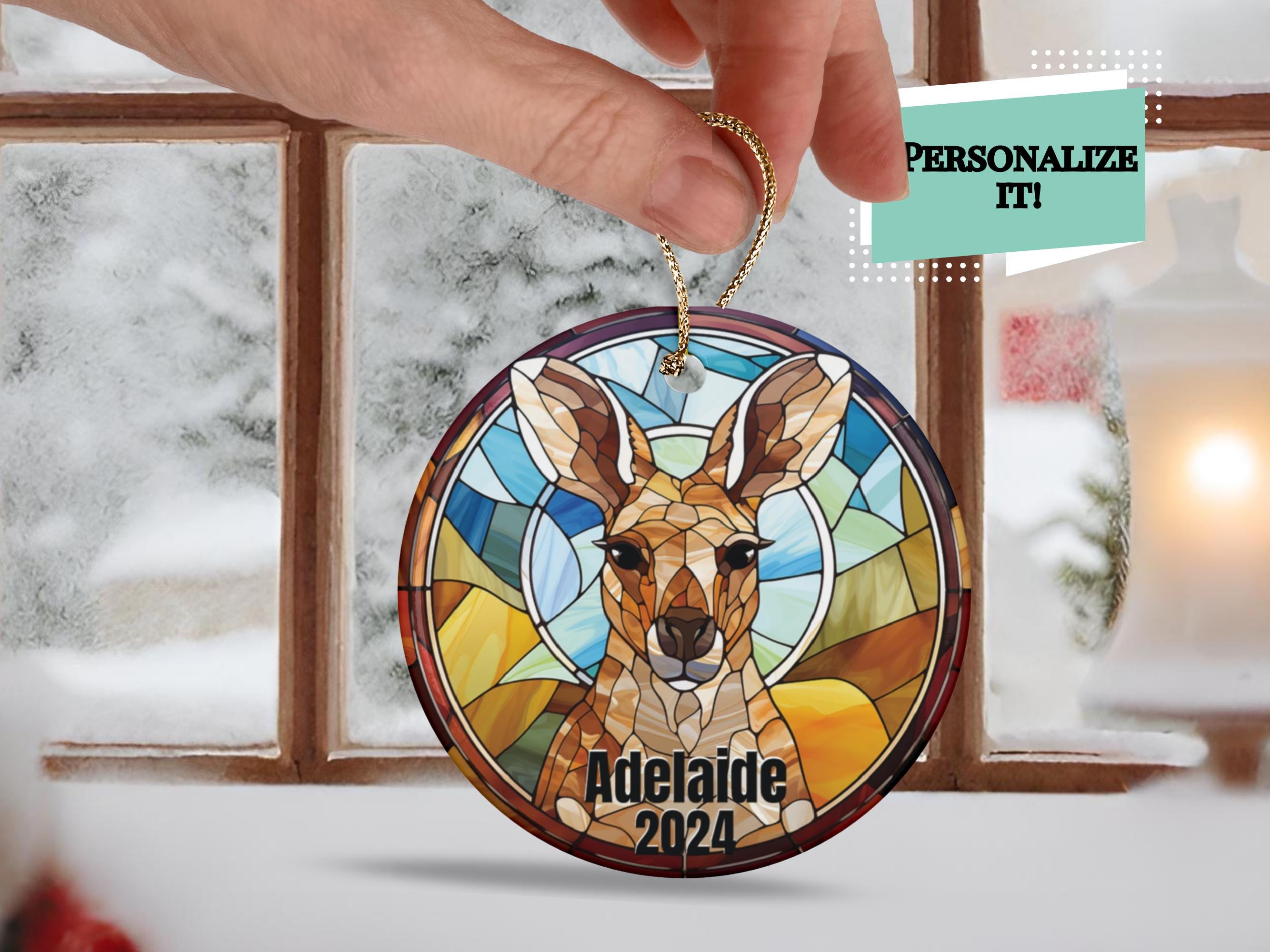 Kangaroo Personalized Zoo or Vacation Souvenir Ornament in a Stained Glass Look is Great Kangaroo Art for an Australian Outback Aesthetic