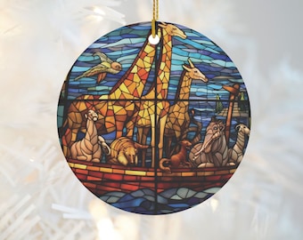 The Ark Animals - Stained Glass Look with Ink on Ceramic Ornament, Noah and Ark Decoration, Year Round Tree, Ark Animals Ornament