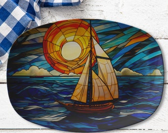 Vibrant Sailboat Sunset Stained Glass Look Serving Platter, Unique Sunset Sailboat Dinner Platter, ThermoSāf Platter, Fun Kitchenware Gift
