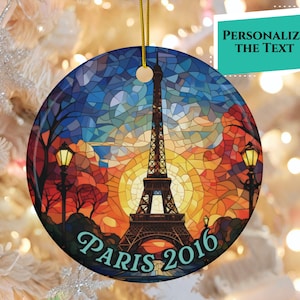 Custom Eiffel Tower Stained Glass Look with Ink on Ceramic Ornament, Year Round Tree Eiffel Tower Ornament, Eiffel Tower Commemoration Gift