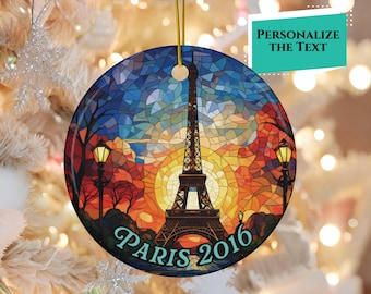 Custom Eiffel Tower Stained Glass Look with Ink on Ceramic Ornament, Year Round Tree Eiffel Tower Ornament, Eiffel Tower Commemoration Gift