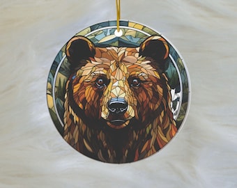 Beautiful Bear Ornament - Stained Glass Look Ornament, Ink on Ceramic, Year Round Tree, Christmas Ornament Decor, Fun Winter Decor