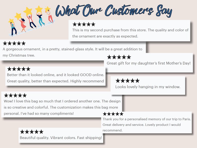 May include: A collage of customer reviews with five-star ratings and positive comments about various products. The reviews highlight the quality, design, and customer service of the products.