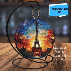 Custom Eiffel Tower Stained Glass Look with Ink on Ceramic Ornament, Year Round Tree Eiffel Tower Ornament, Eiffel Tower Collector Gift